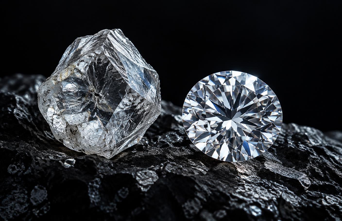 A rough diamond beside a cut brilliant diamond